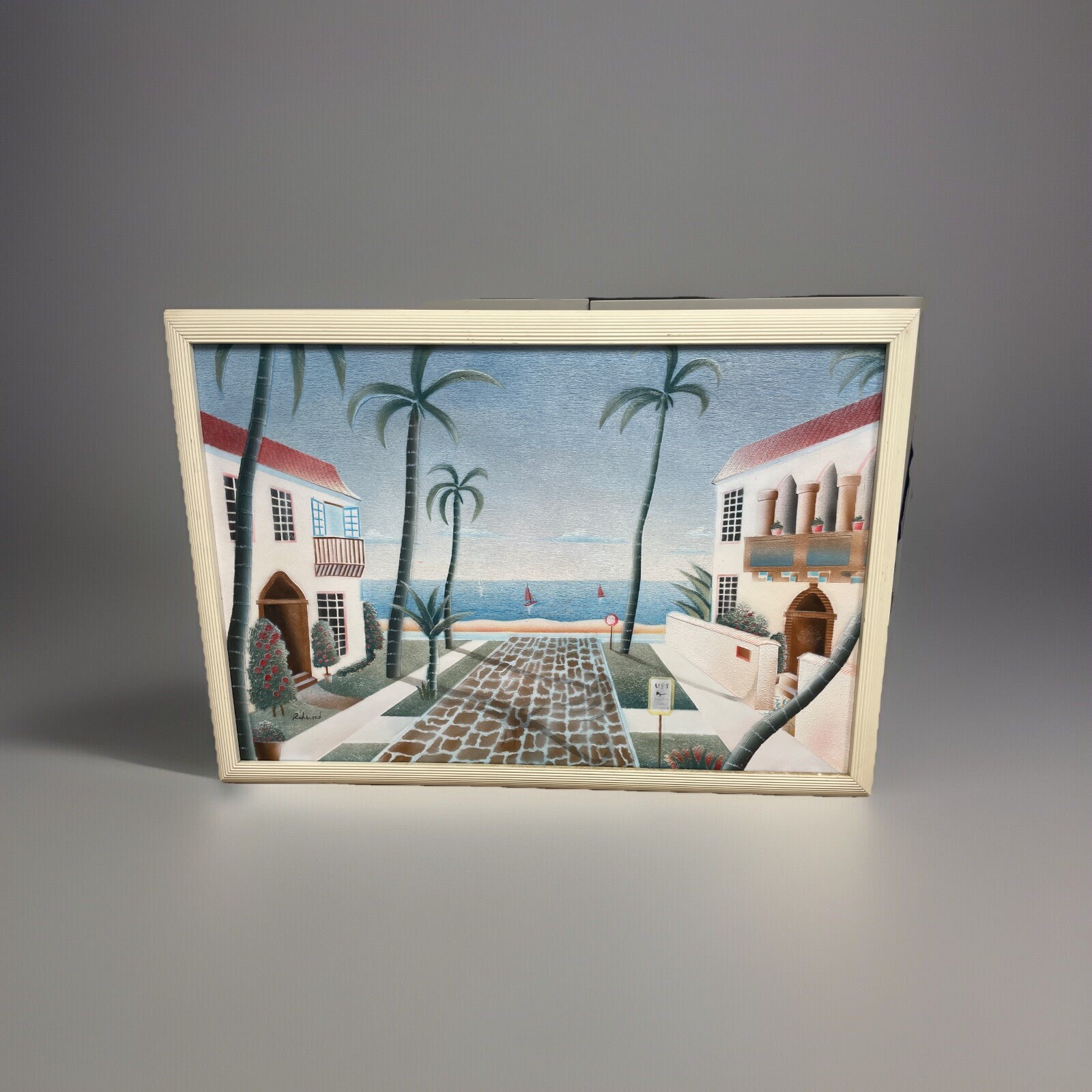 🎨 Redmond Signed Beach Houses & Sailboats Painting 39.5” x 27” Coastal Art 🌴