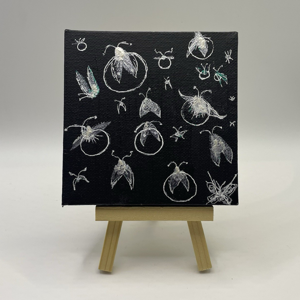 Miniature Insects Painting on Black Canvas, Small Unframed