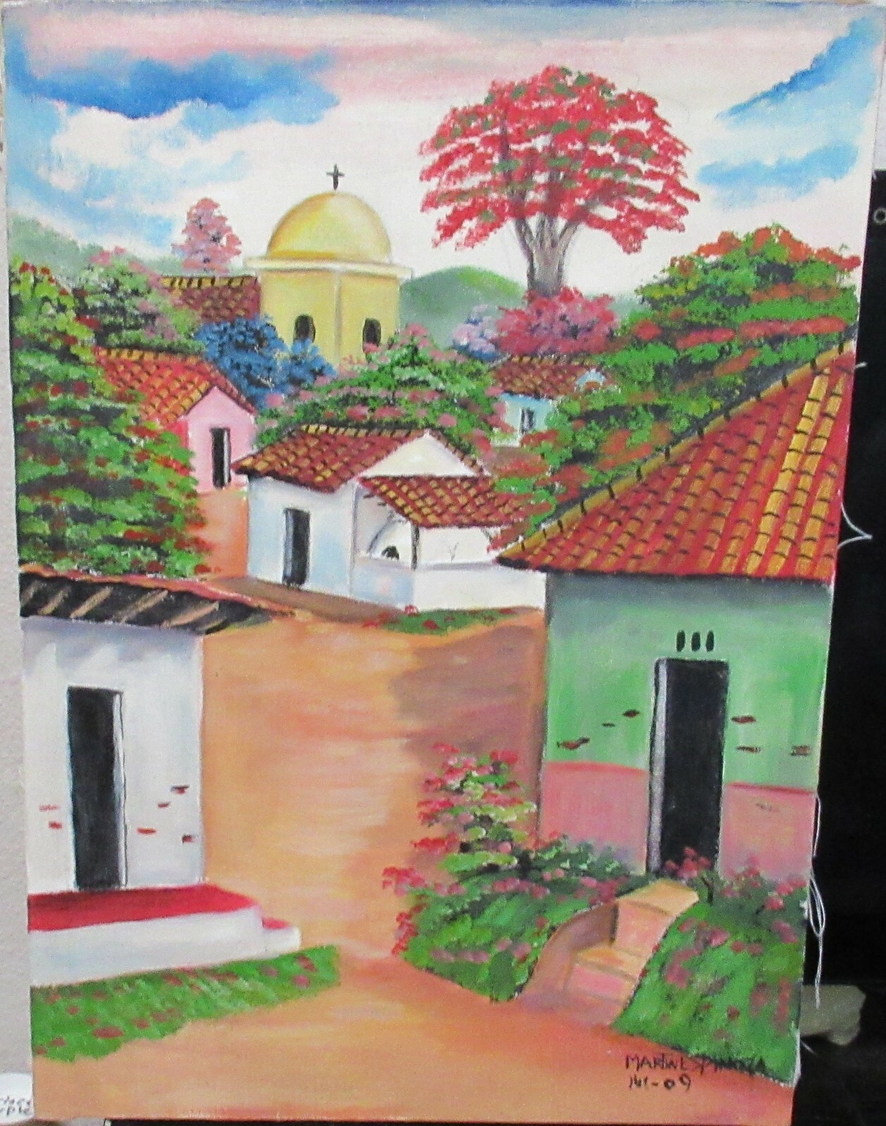 MARTIN ESPINOSA SPANISH CHURCH STREET SCENE ORIGINAL OIL ON CANVAS PAINTING