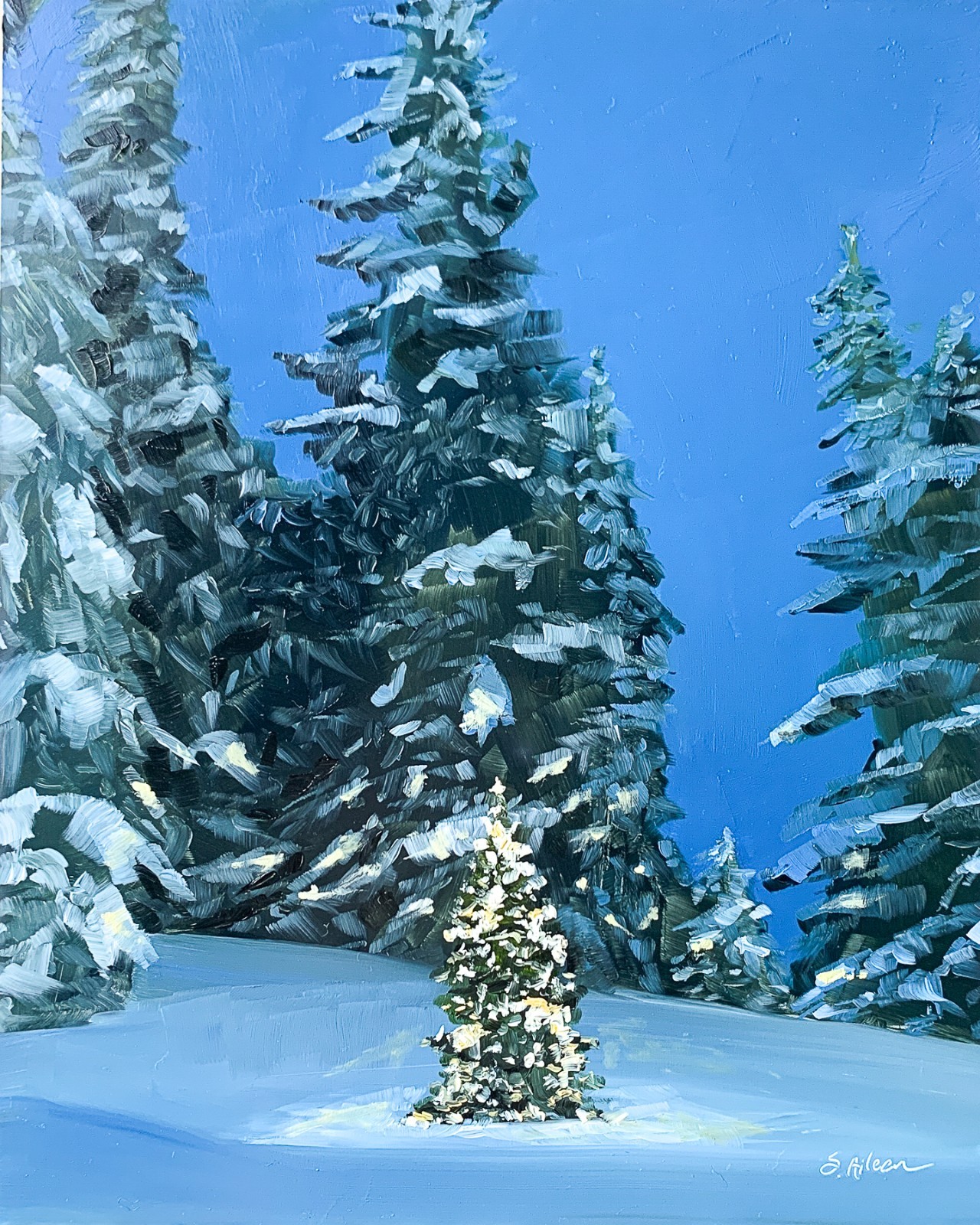 8×10 Original Oil Painting Landscape Christmas Lights Snowy Winter Forest Signed