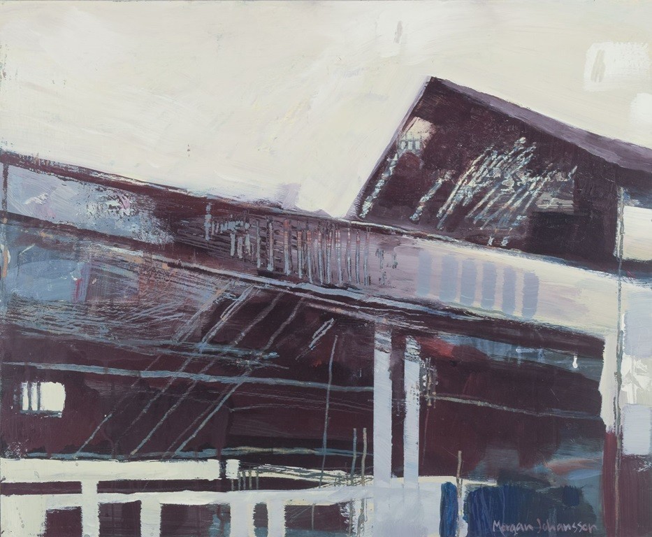 Morgan Johansson, listed Swedish artist. Oil on board. Buildings roofs