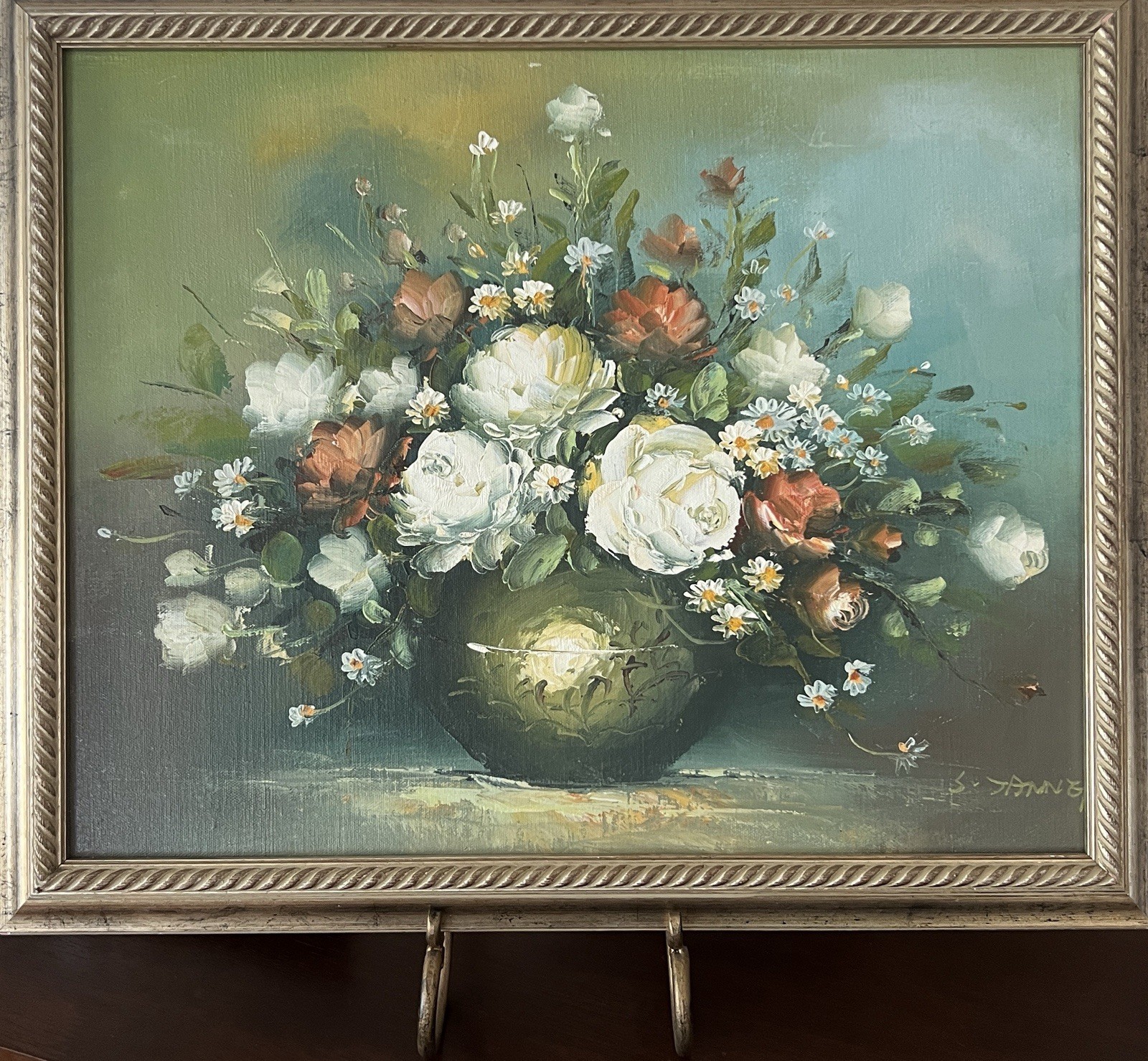 Framed floral still-life oil painting, likely mid-20th century (c. 1950s–1970s)