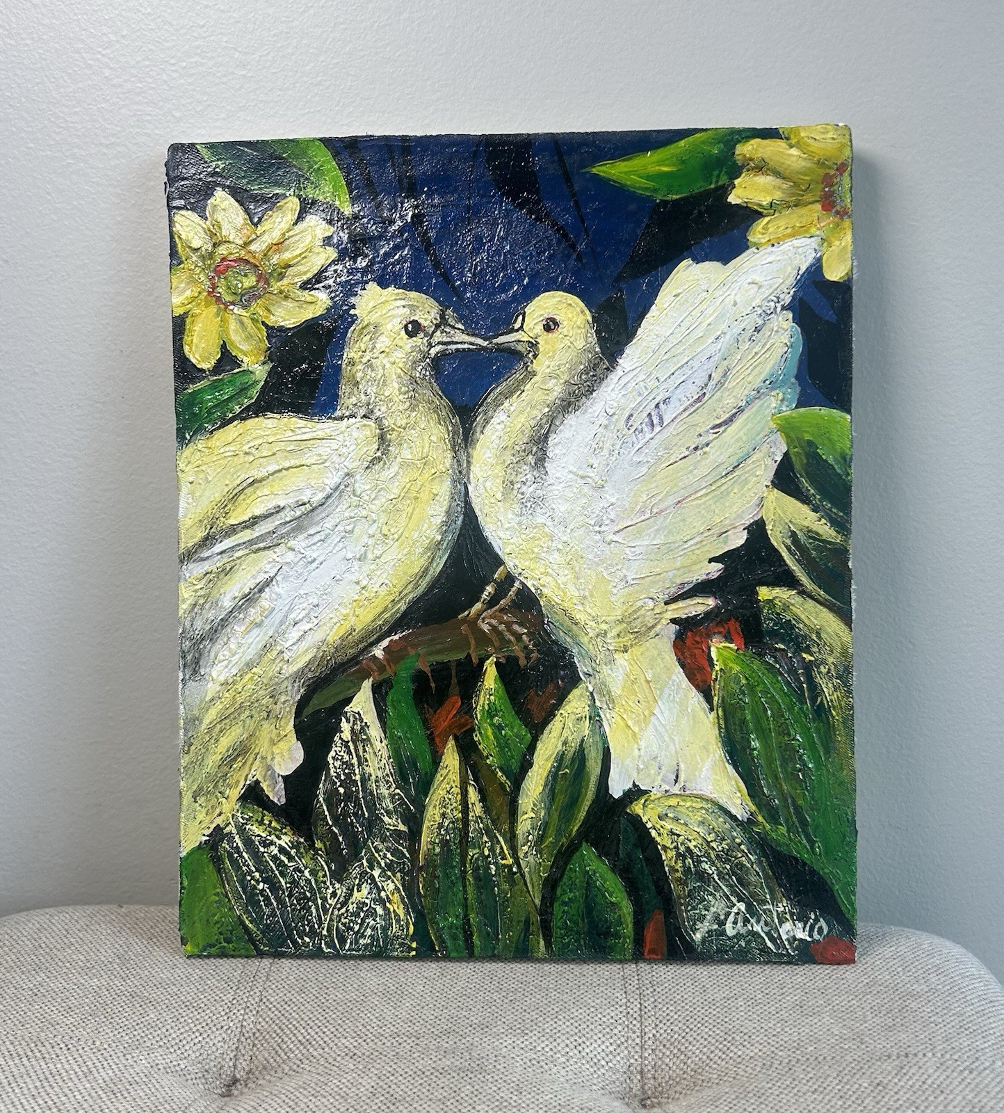 Two White Doves Kissing Original Oil Painting Signed Art Cuban L. Antonio Cuba
