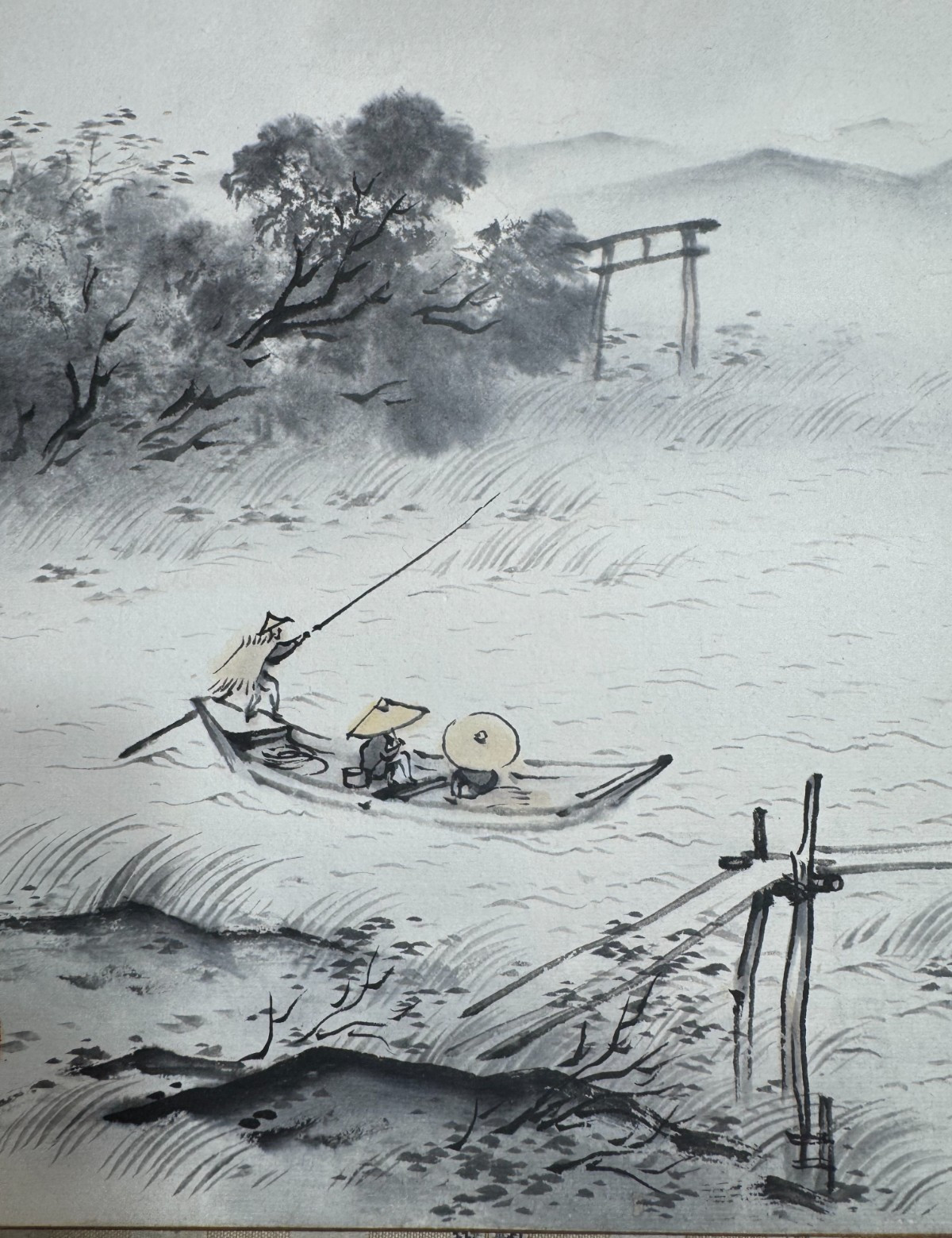 Vintage Japanese Sumi-e Ink Wash Shikishi Fishing Boat Torii Landscape Red Seal