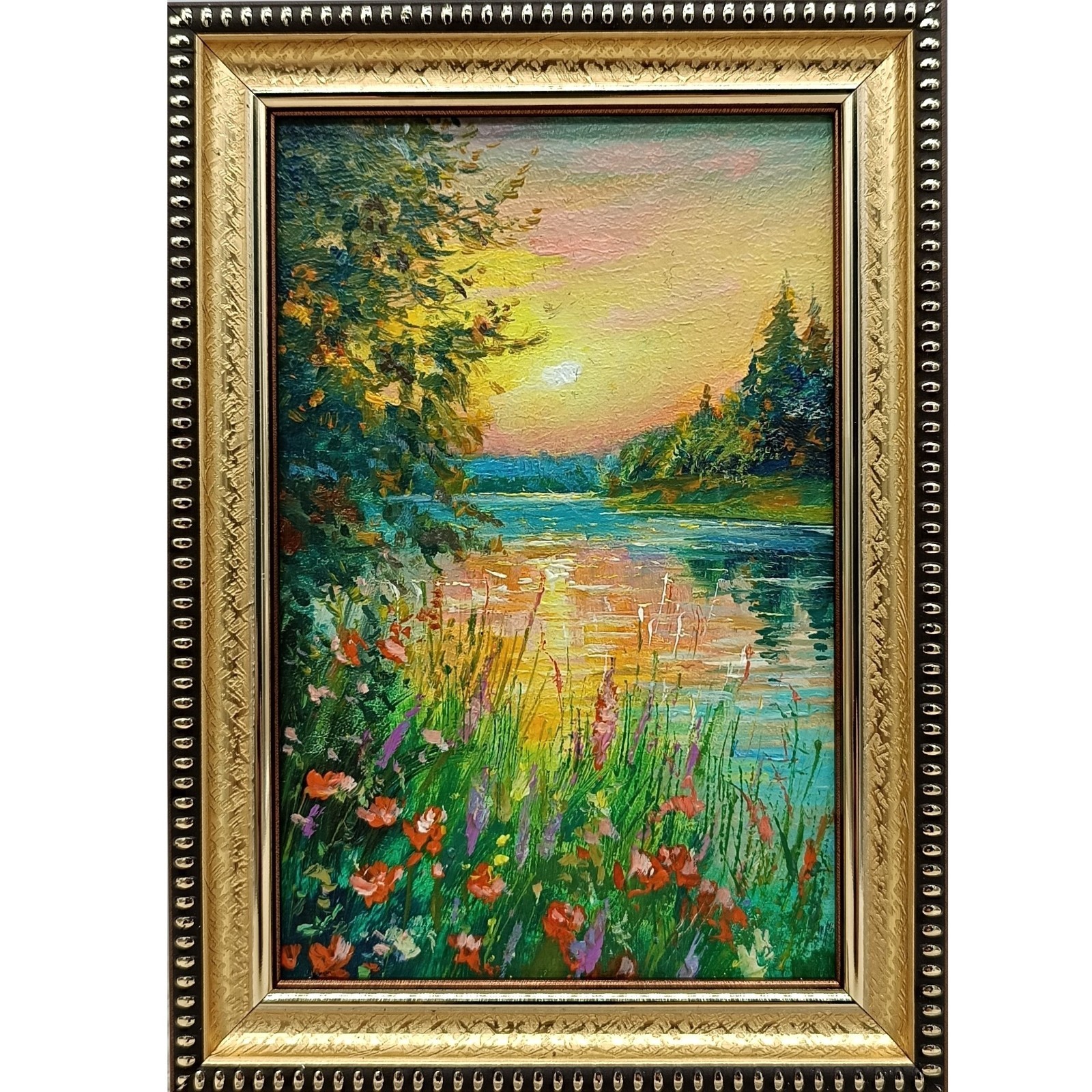 Summer nature Oil painting Original art Country Landscape Flower meadow 4 x 6 in