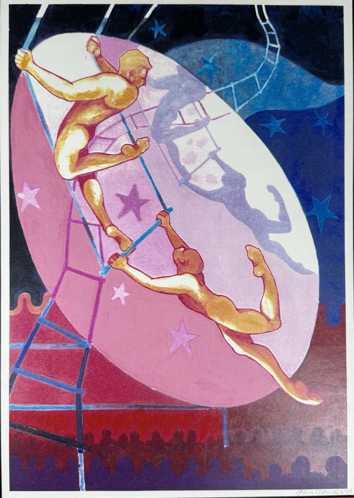 Vintage John Mowder (Contemporary, USA) Circus Trapeze Acrobat Painting 1999
