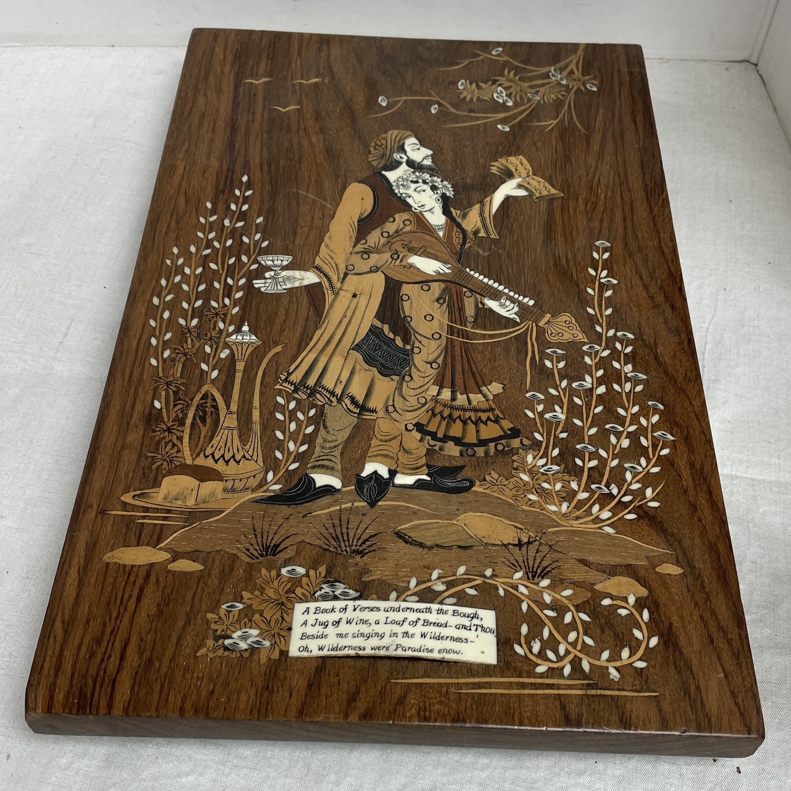 Vintage Wood Painting Wooden Inlaid Omar Khayyam’s Rubaiyat Theme Art 14″ x 8.8″