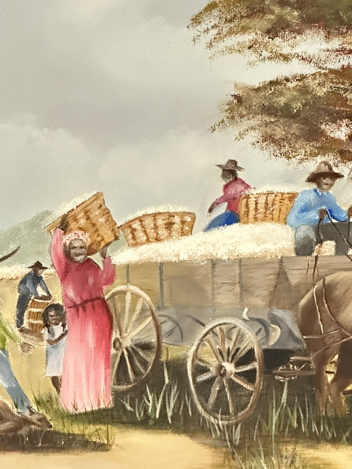 Original painting By J. Dunn Cotton Farm Donkey Wagon People Working 21.5×17.4”