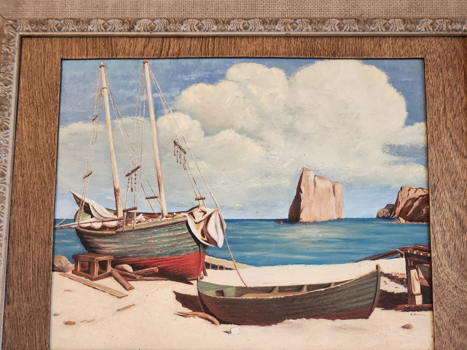 VTG COAST BEACH NAUTICAL BEACHED BOATS & ROCK FORMATIONS PAINTING by E. Graham