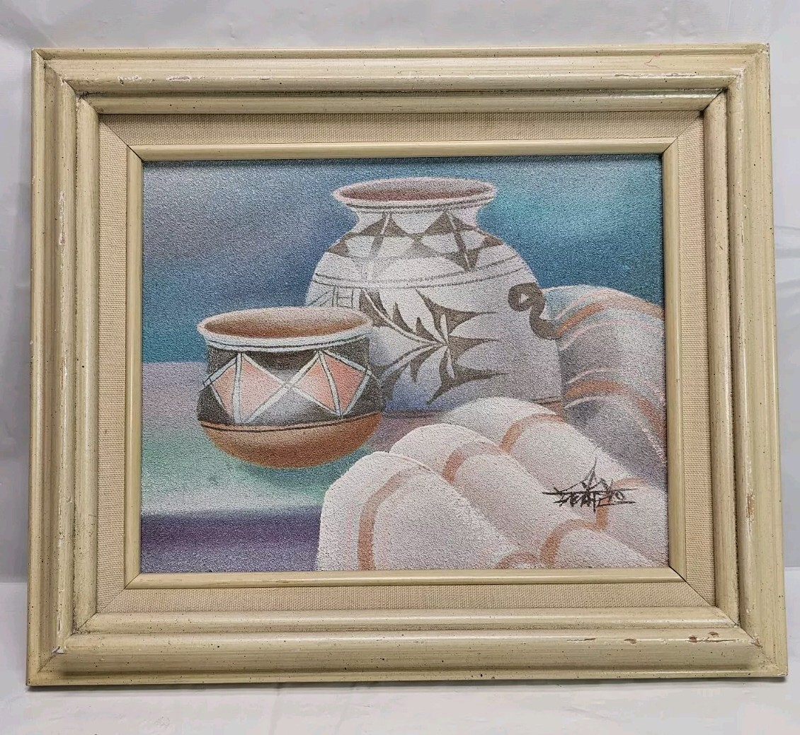Myung Mario Jung Sand Oil Painting Pueblo Native American Pottery COA