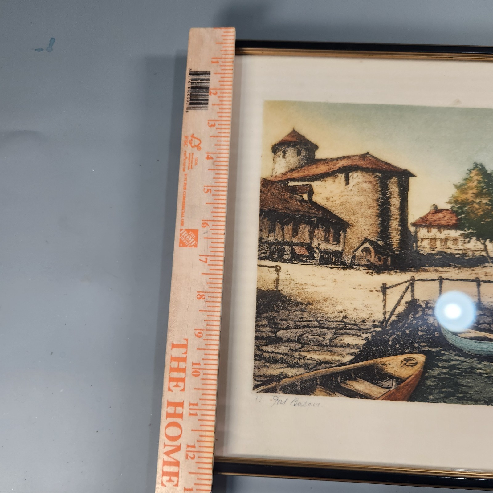 Vtg Signed French Etching Port Basou Harbor Medieval Tower Annecy Art