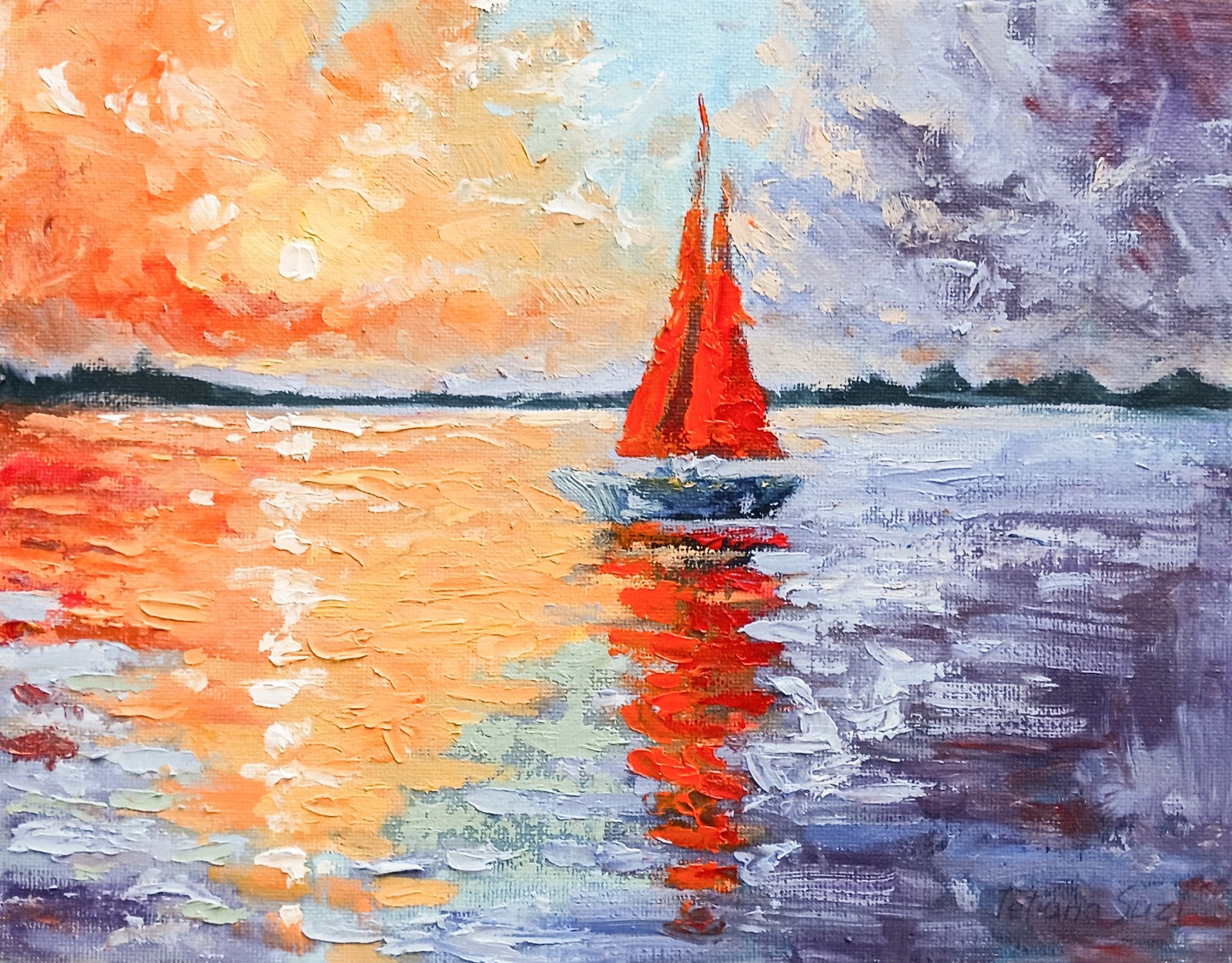 ORIGINAL Oil Painting IMPRESSIONISM Sunset Boat Lake Marine Life Fine Art 8×10