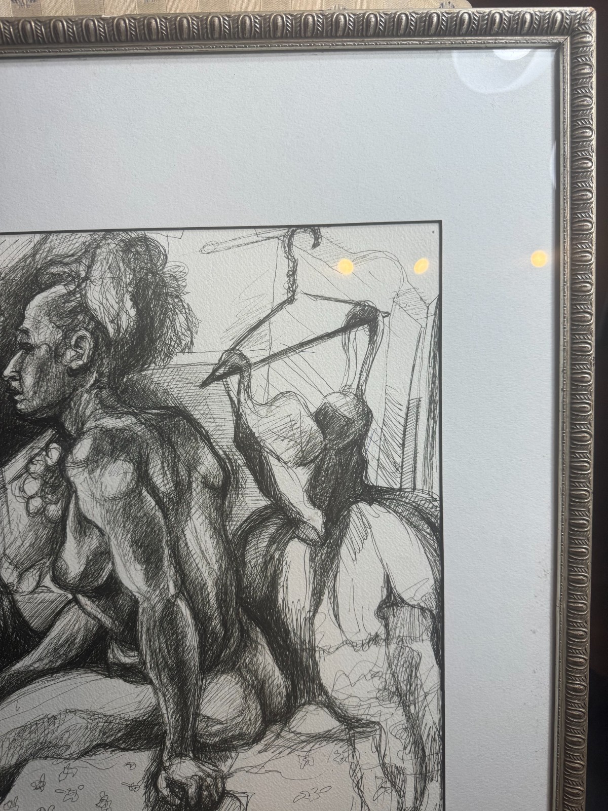 Tamara Signed Modernist Female Nude Bedroom Pen Ink Drawing Framed VG Cond 24×18