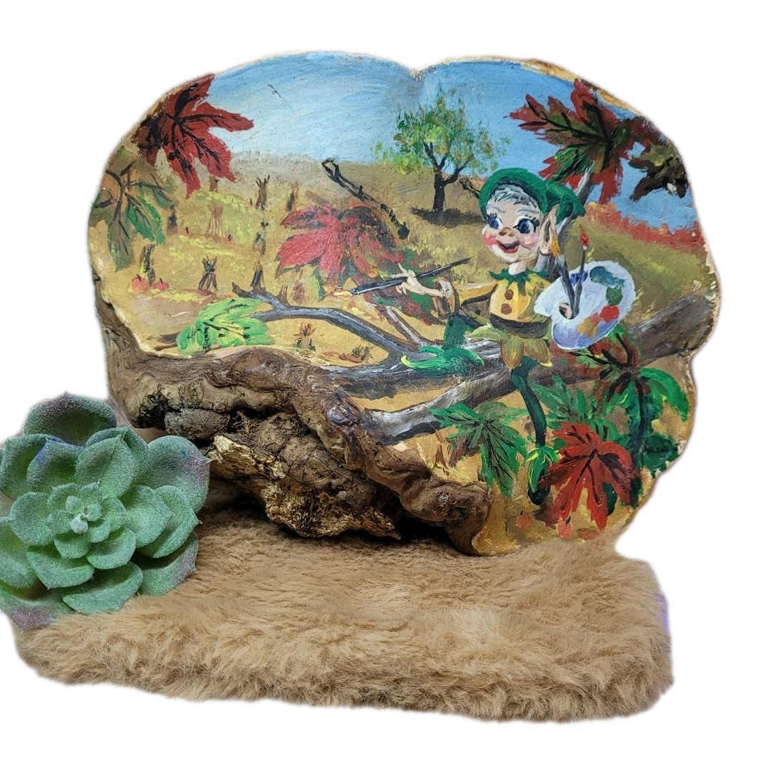Vintage Hand Painted Conk Mushroom Pixie Scene Folk Art Woodland OOAK 1960s