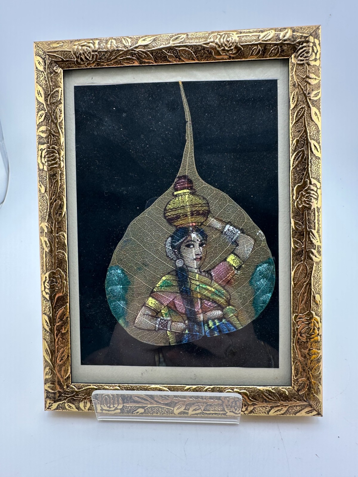 Indian Pipal Leaf Skeleton Painting Woman Carrying Pot Framed Art 7×5