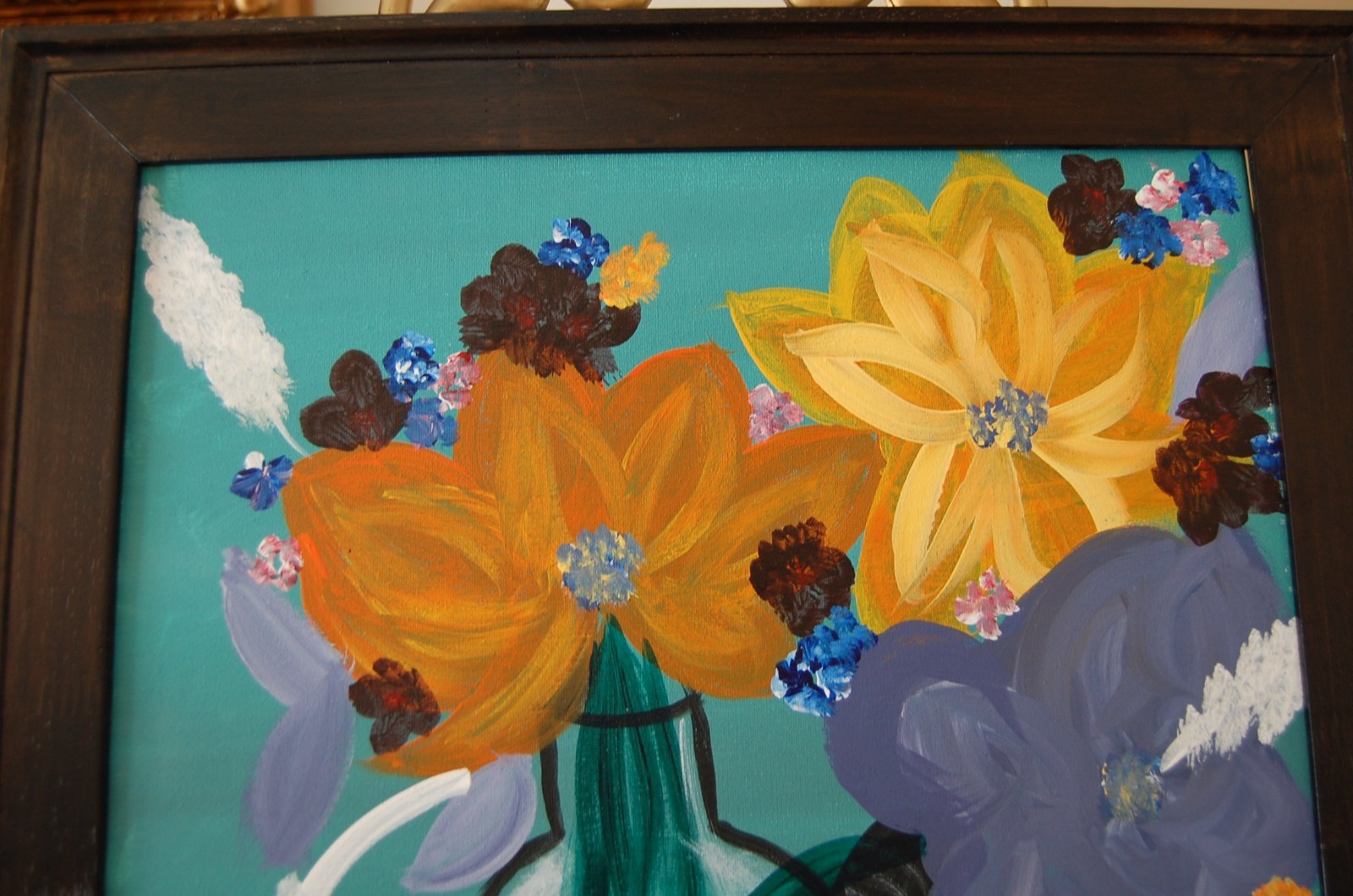 ORIGINAL FRAMED ACRYLIC MODERN ABSTRACT PAINTING OF FLOWERS ON VASE A STILL LIFE