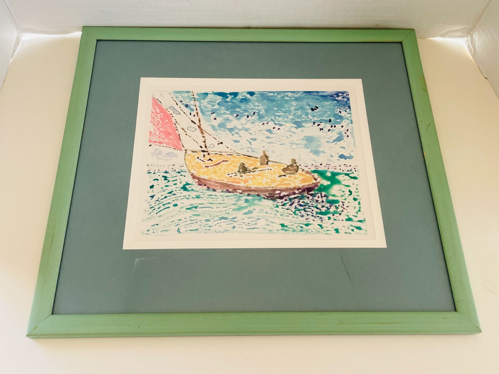 Original Watercolor Nantucket Sailboat Mono Print Framed & Matted 16 x 18″