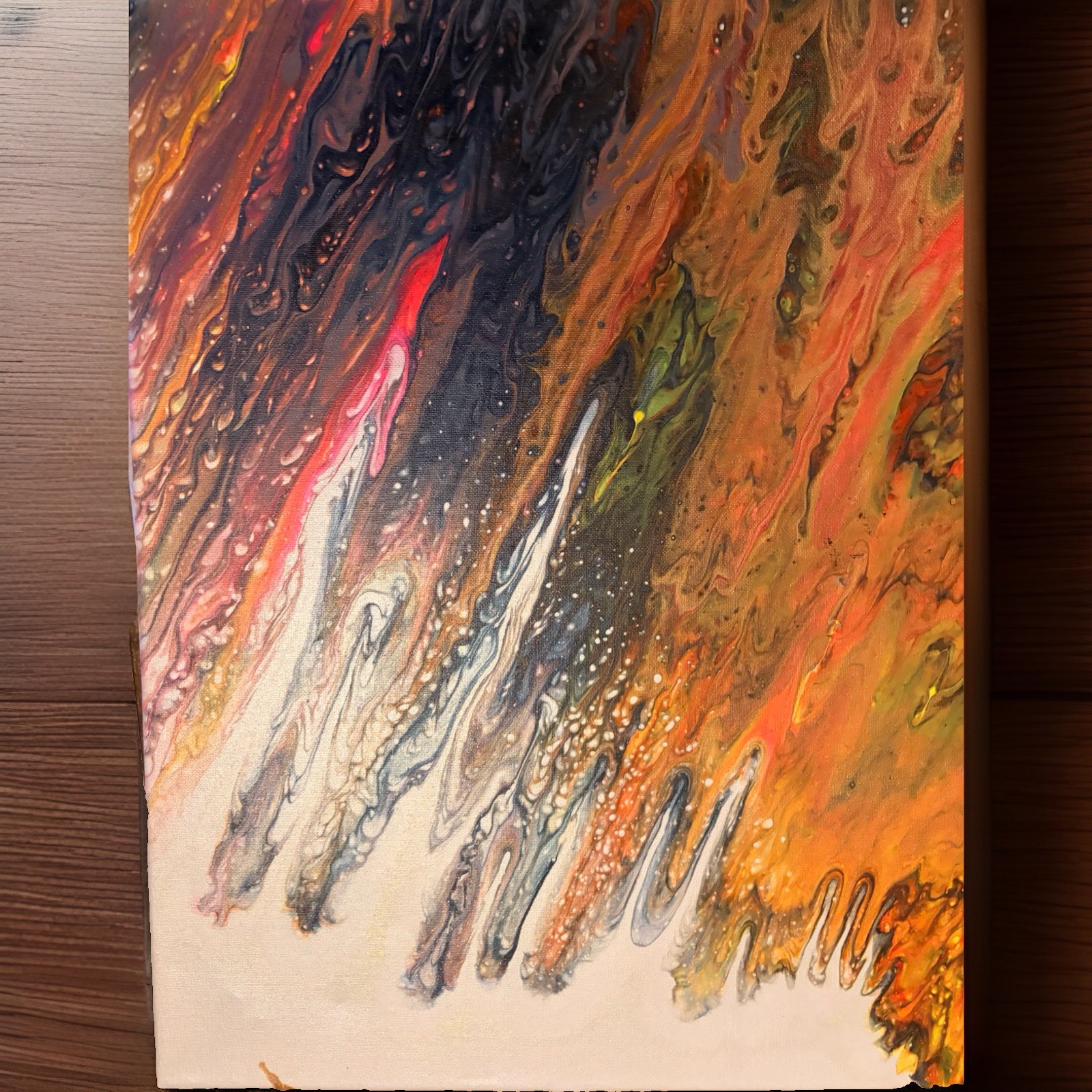 Abstract Fluid Art Painting – Orange Yellow Black White Drip Pour, Unframed