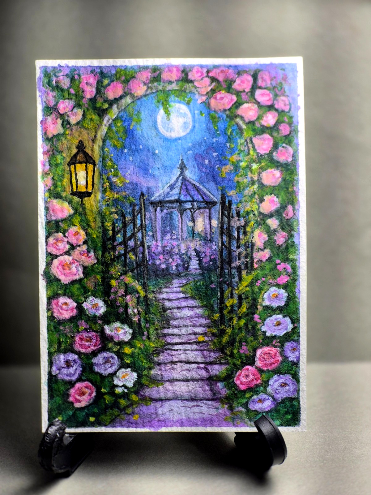 ACEO Original, garden landscape, floral,mini painting, Andrea Salgado