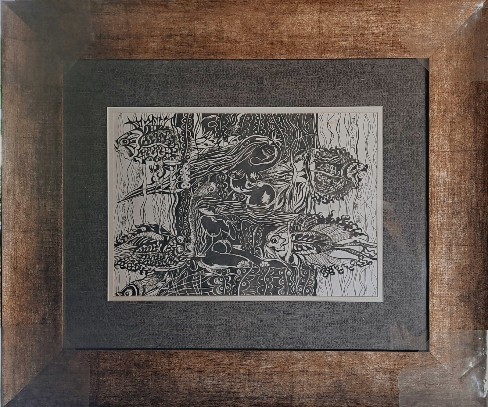Fine Art, signed original Black Ink painting, with framed «Fish River»