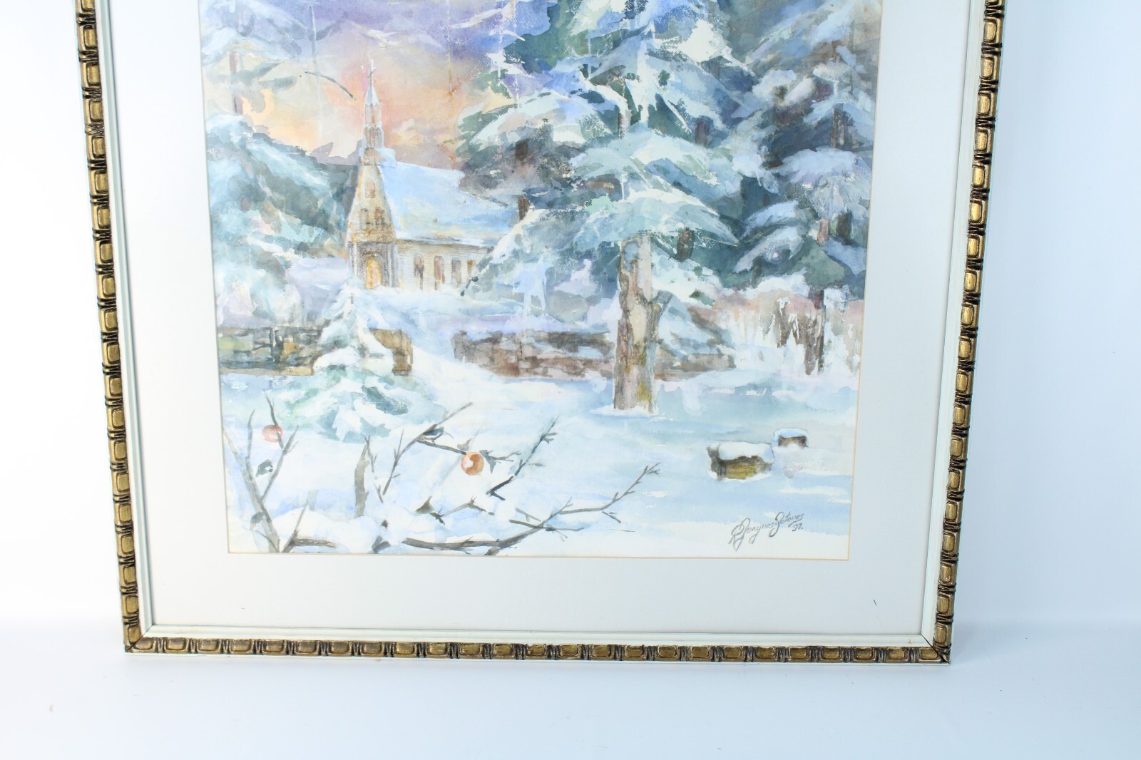 Large Winter Scene Church Mountains Watercolor Painting Signed Illegible 97