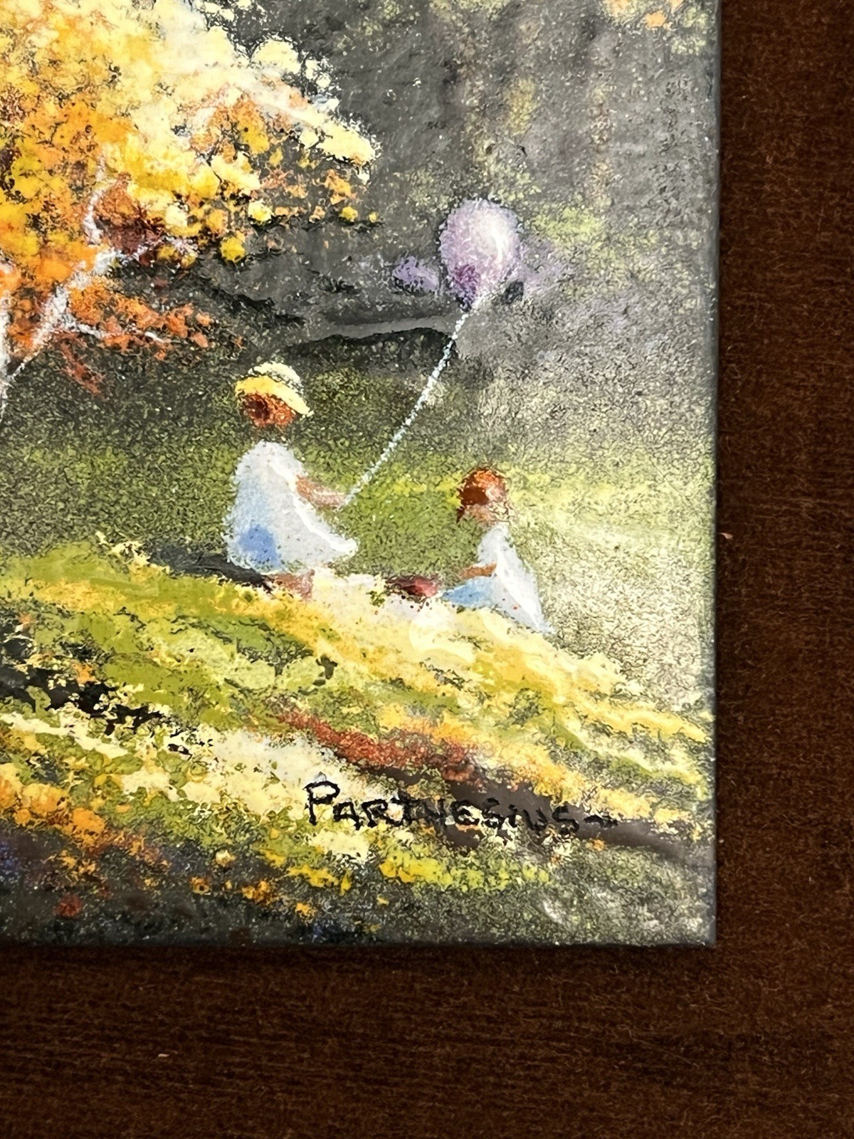 Signed VTG Art Charles Parthesius Enamel On Copper Landscape Children Balloon