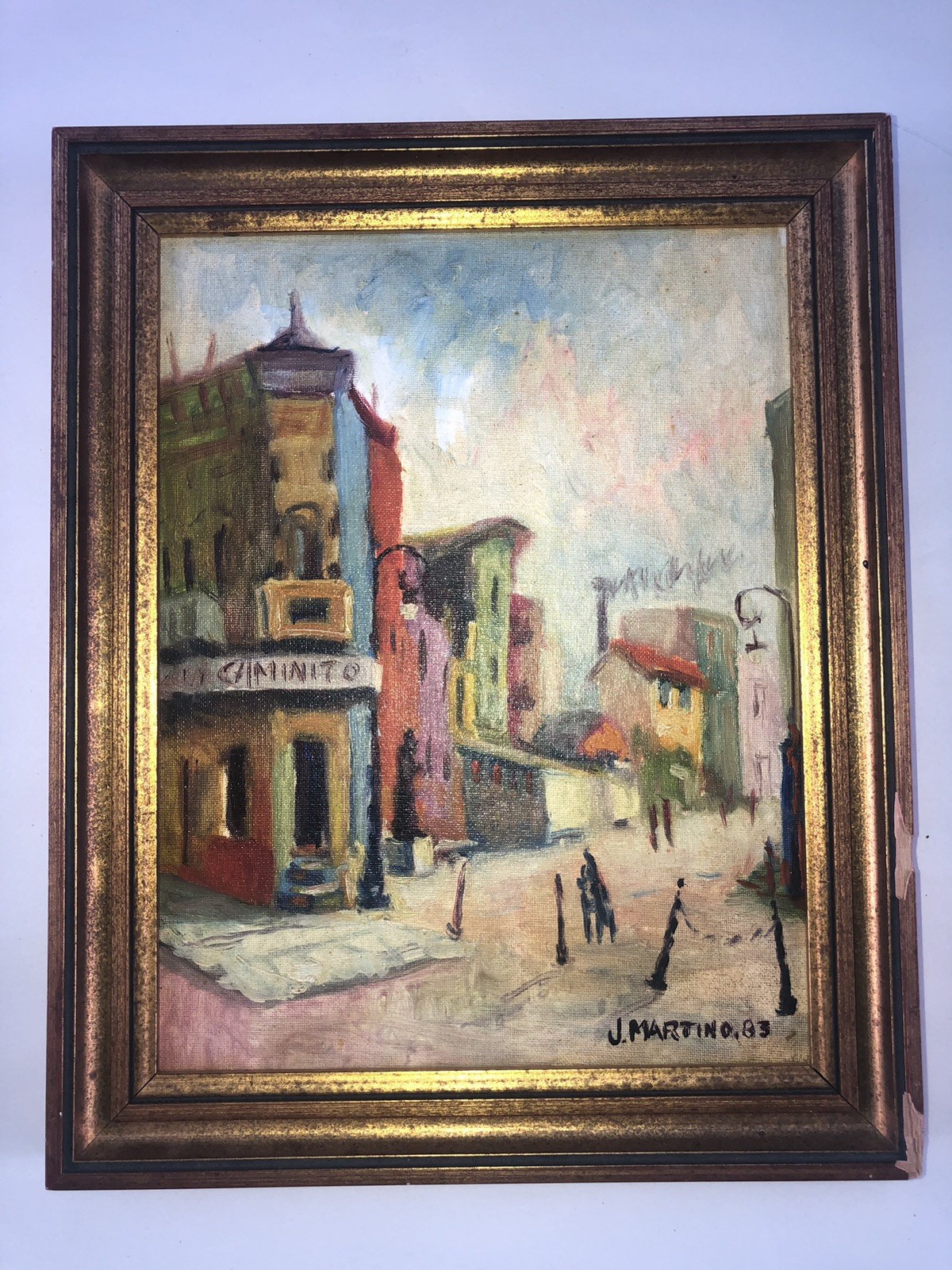 Jose Martino 1910-2006 Vintage 1983 La Boca, Argentina Town Scene Oil Painting