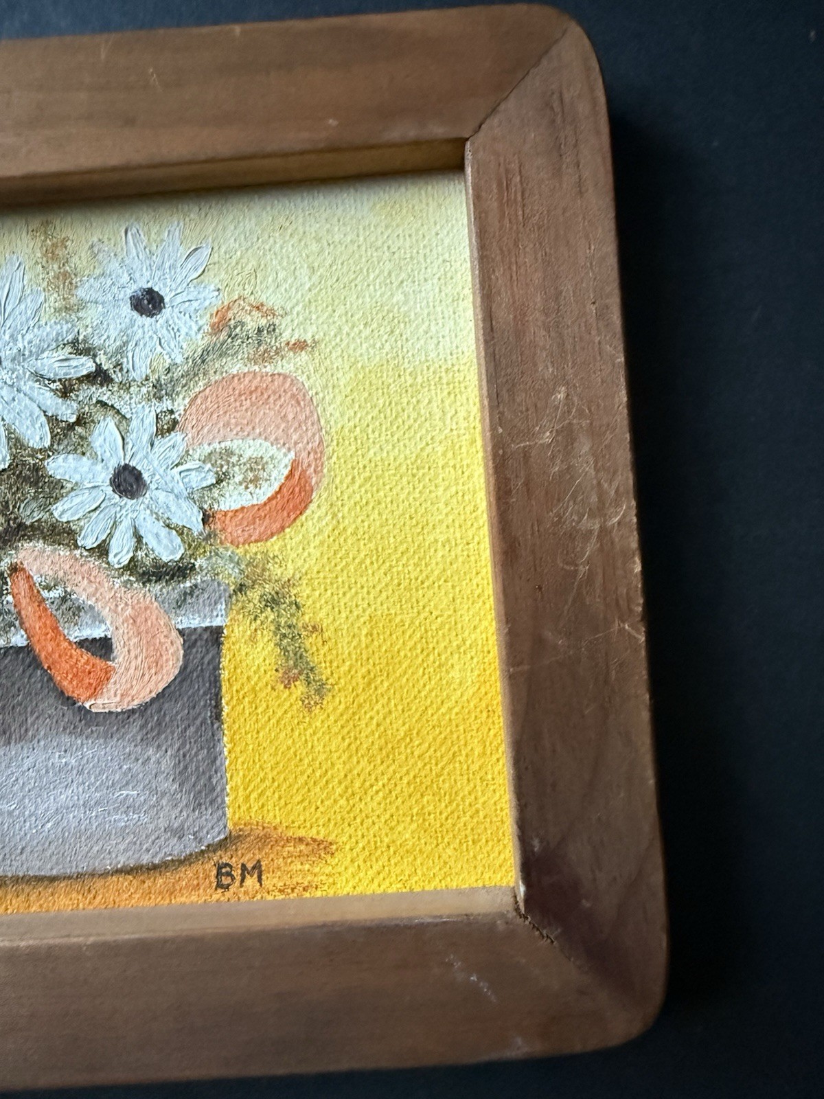 Vintage Original Oil On Canvas Signed Still Life Framed Flowers Wood Frame Retro