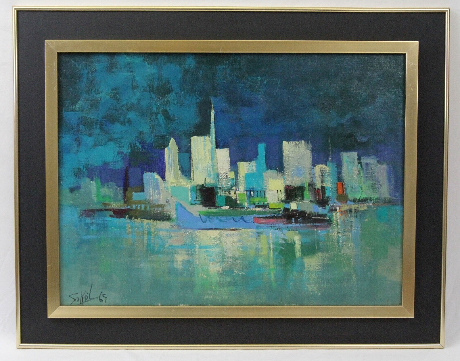 Jacques Sokol 1965 Mid Century Modern Abstract Cityscape Vintage Oil Painting