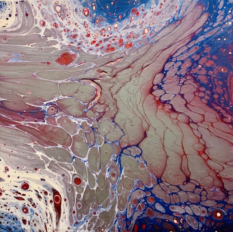 ORIGINAL GALLERY CANVAS Abstract Painting Wall Artwork Metallic Pewter Red Space