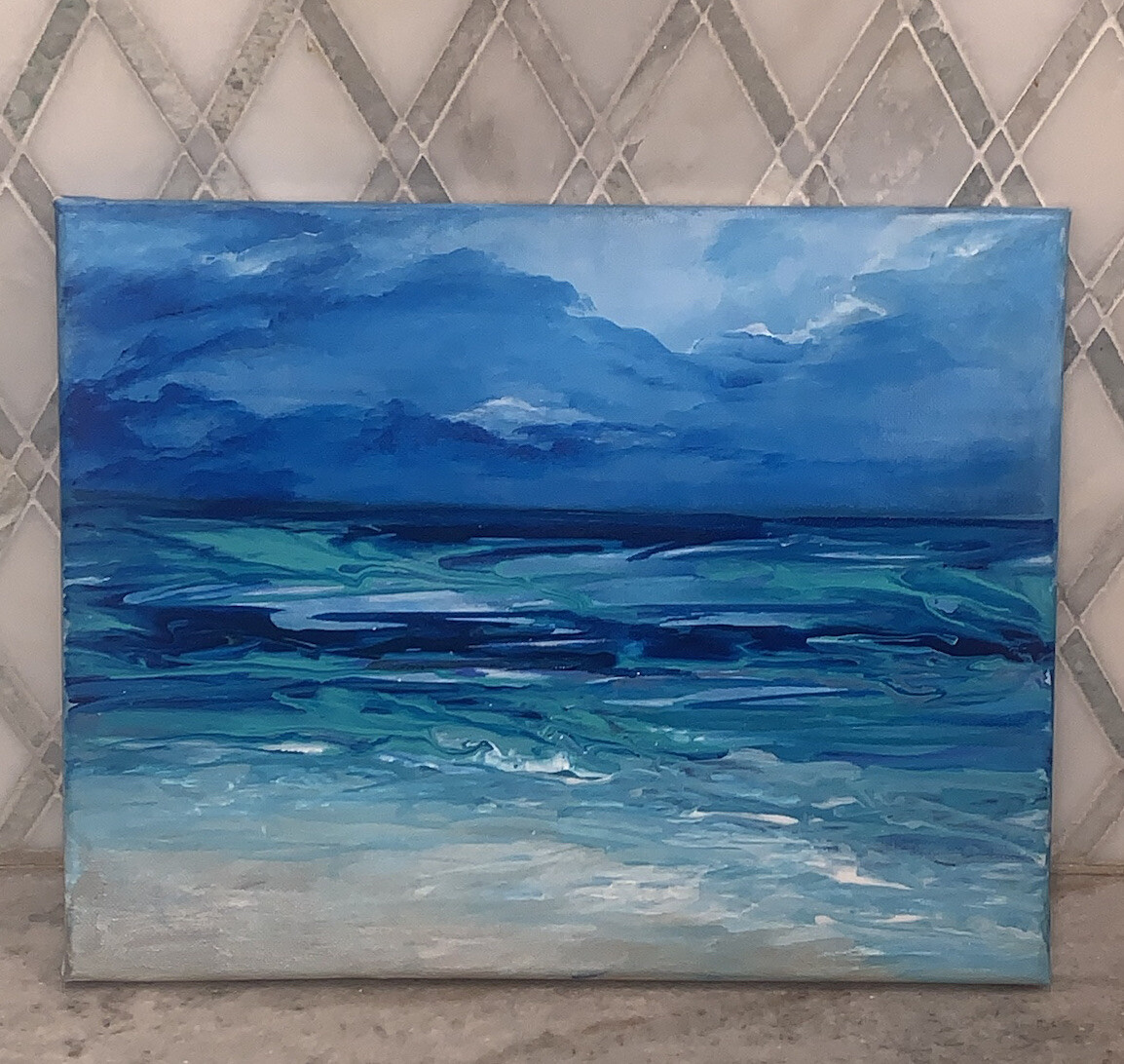 Original Modern Impressionist Oceanscape Beach Shades Of Blue Wht Canvas 11”x14”