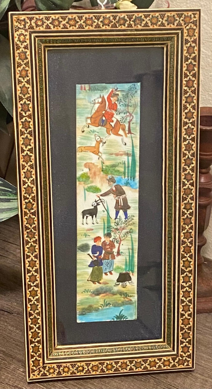 Persian Hand Painted Camel Bone Artwork in Wood Khatam Marquetry Frame Folk Art