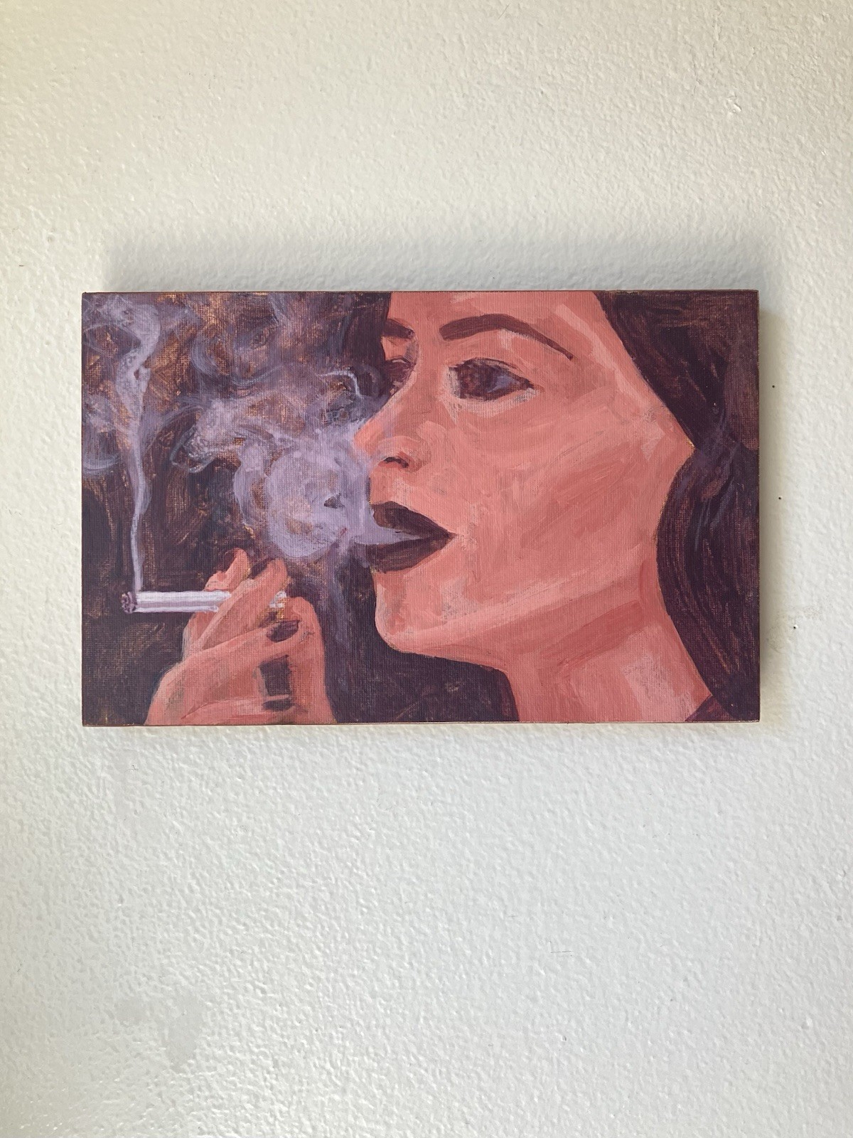 Woman Smoking Painting On Canvas 10 7/8” x 6 7/8” Original Cigarette Signed tmt