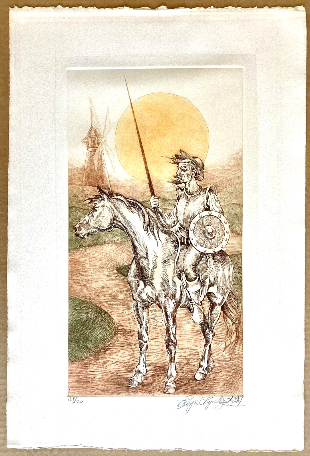 Vintage Evelyn Rysdyk Chivalry Woodblock Litho Art Quixote Horse Windmill Sun