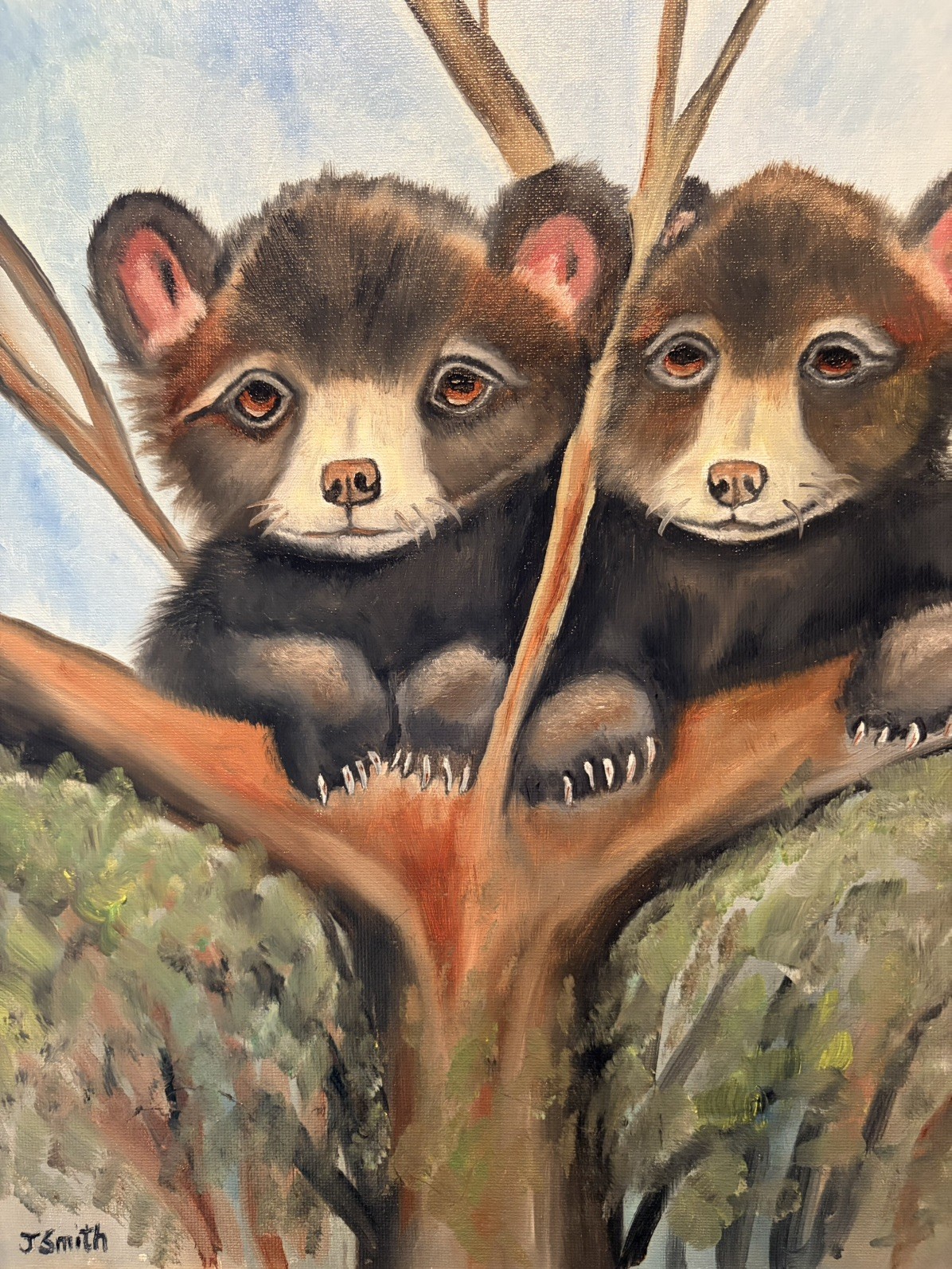 Original oil painting 11 x 14 inch cute brown bear cubs – free shipping