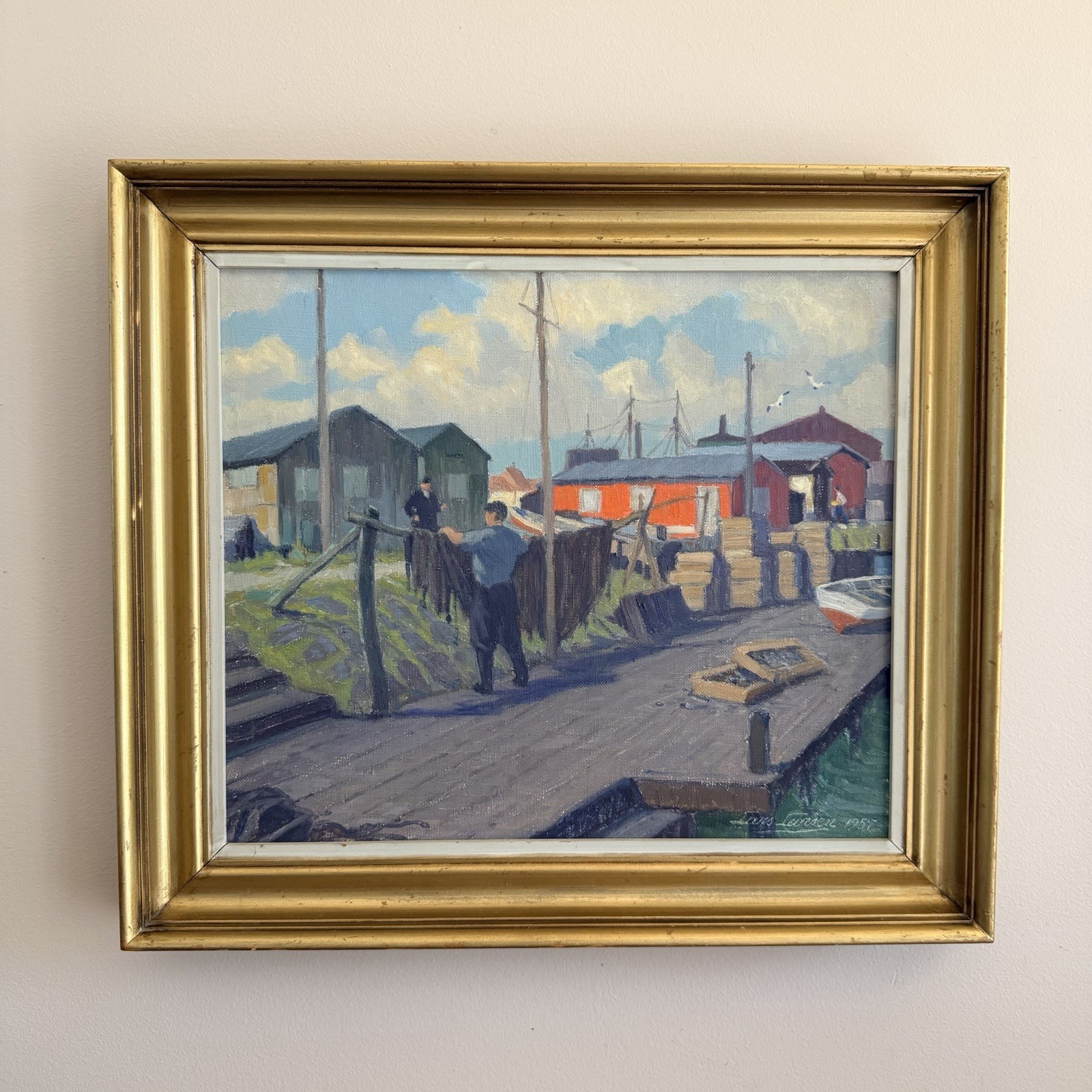Danish Impressionist Oil Canvas Painting Dock Harbor Scene Boats Signed 1957 MCM