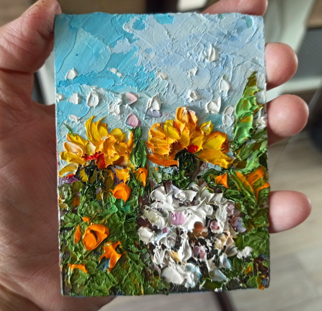 Miniature Original Oil Painting Dandelions Flower Artwork 4×3 in Floral Art