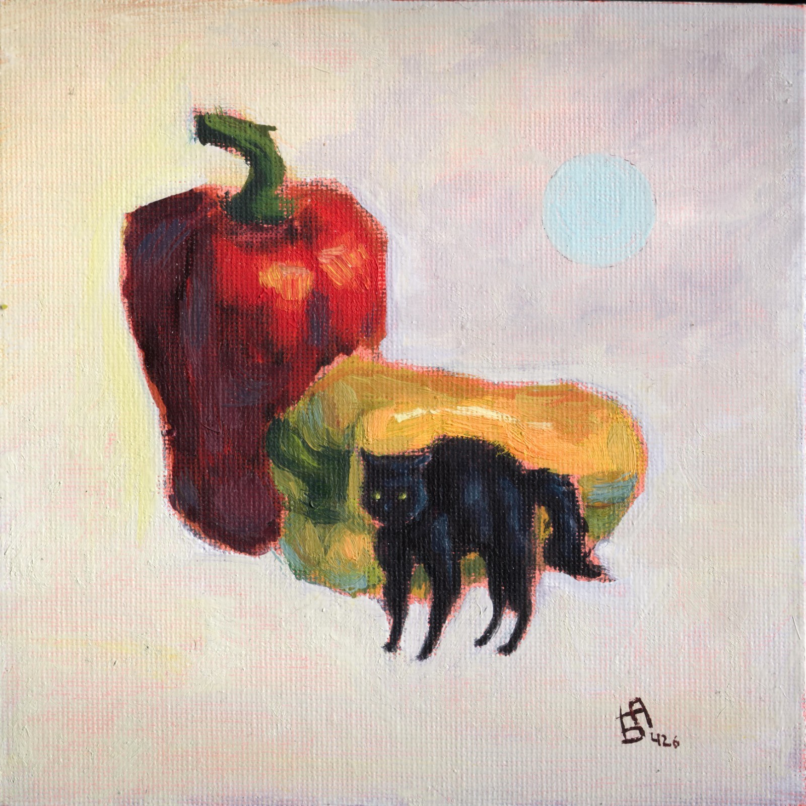 Unique black cat oil painting surreal art small canvas on a board