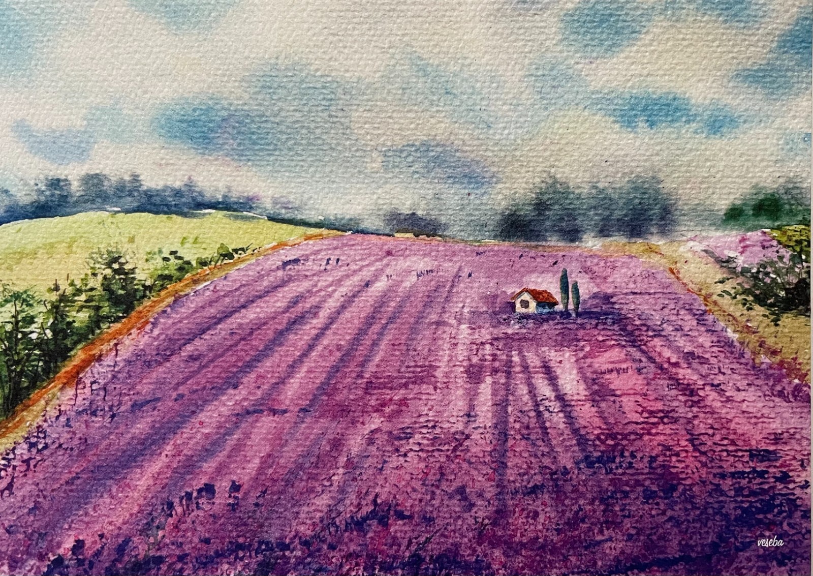 Art Print Watercolor Painting Landscape Lavender Field (5×7 inches) – NEW