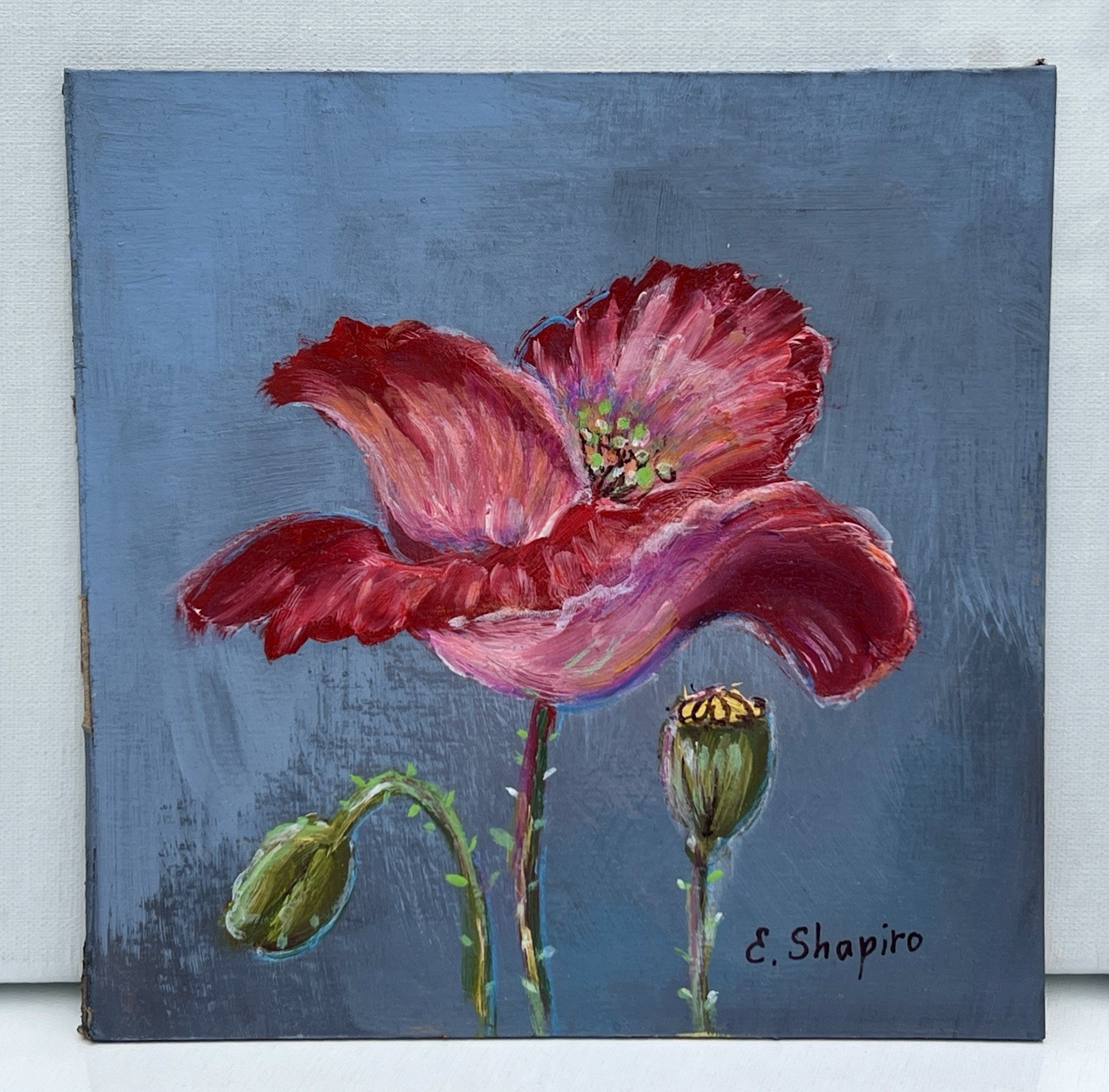 Poppy Flower Original Oil Over Acrylic Painting 6×6 Wall Art Floral Wall Decor