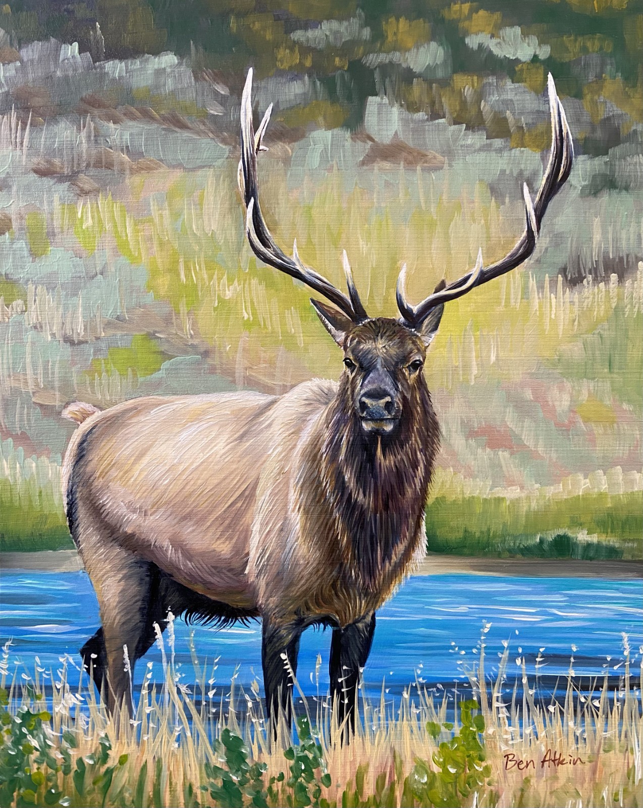 Elk Impressionism Original Oil Painting on Wood Panel 8×10″ – Framed 12×13″