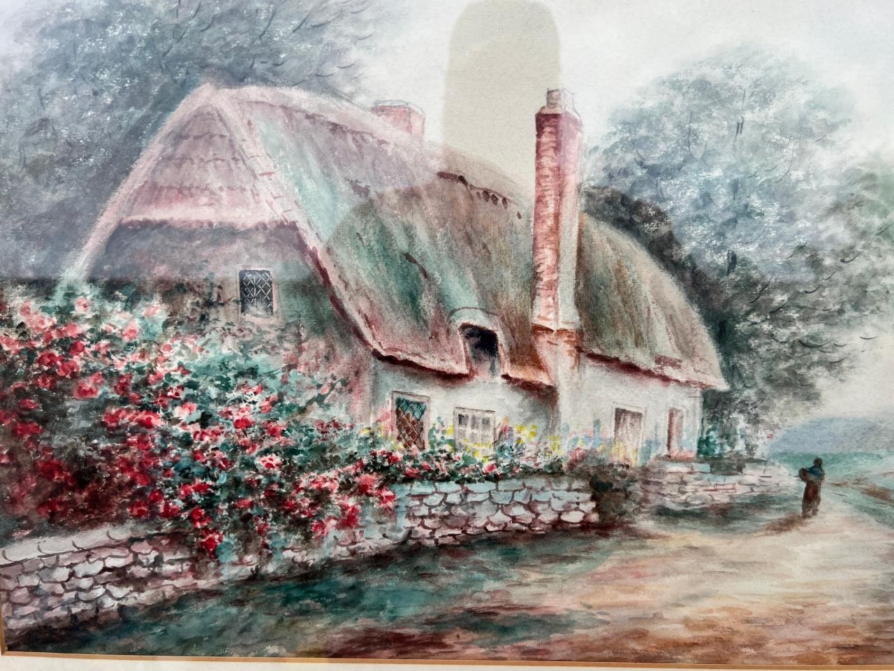 Vintage English Landscape Thatched Roof Home House Flowers Cottage Rural England