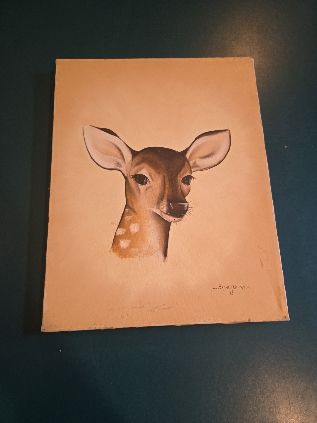 Vintage Deer Painting Oil On Canvas Signed By Brenda Cueno 1984 ** READ **