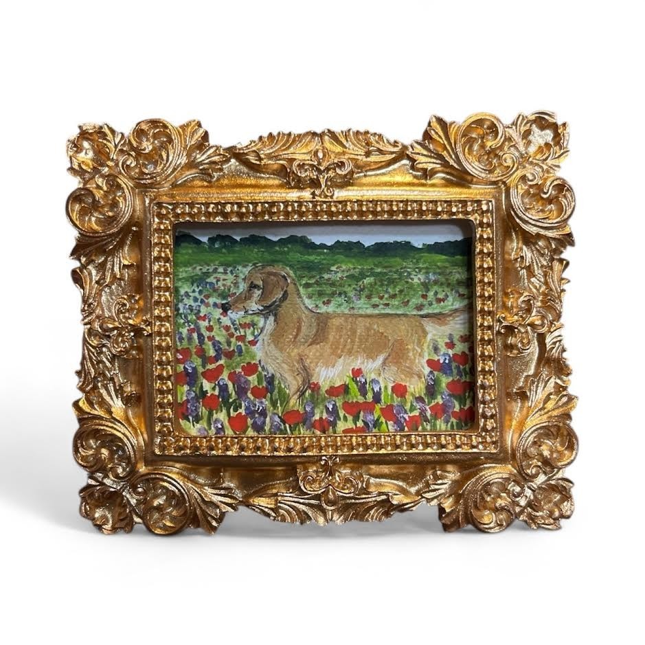 Golden Retriever Dog in Floral Landscape mini vintage framed watercolor print