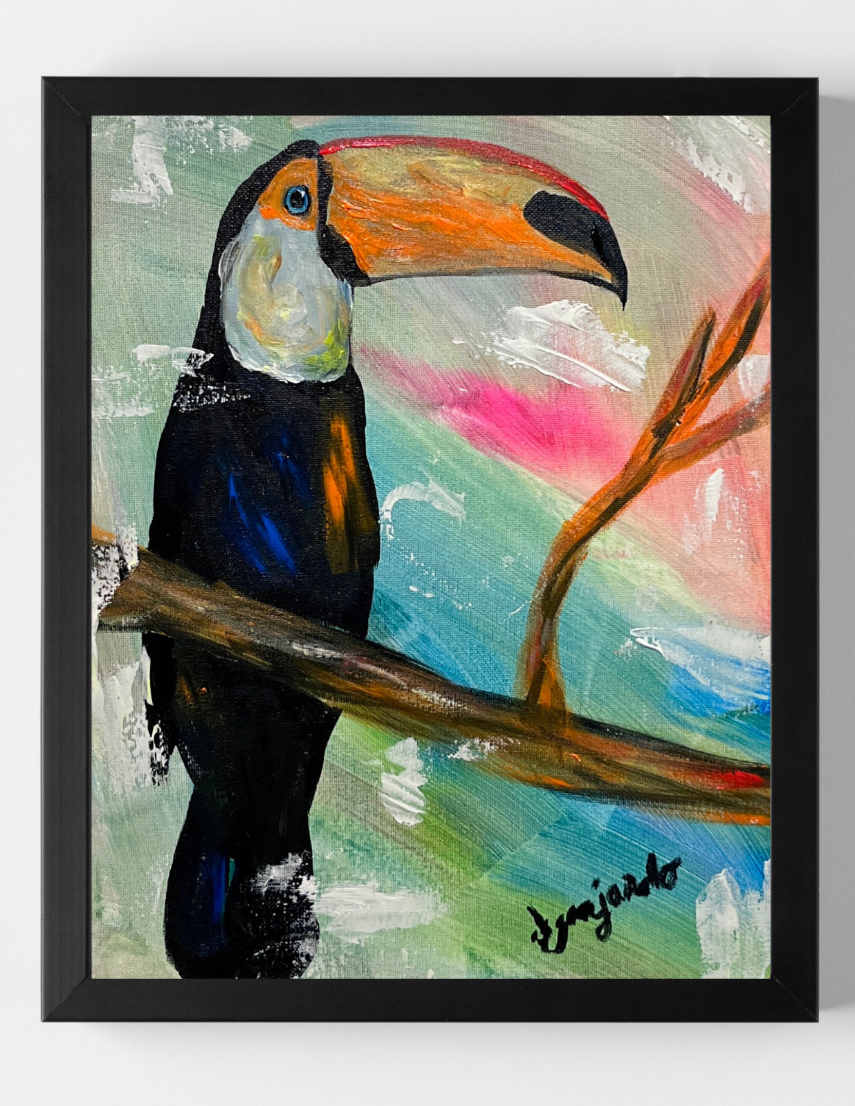 GUAJARDO Original Expressionism Toucan Paradise 14X11 Canvas Signed Art