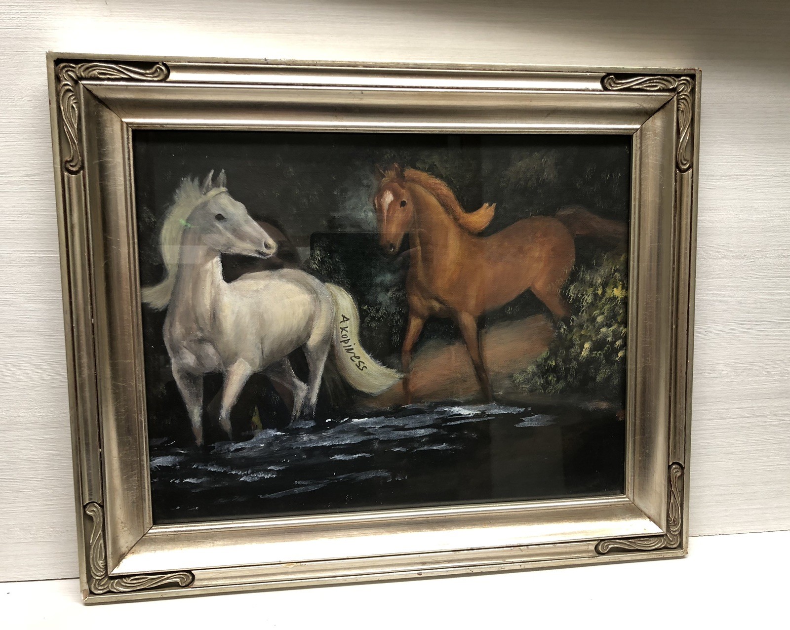 VTG Original Signed Oil On Canvas Painting Two Horses Wading In Water Framed 17”