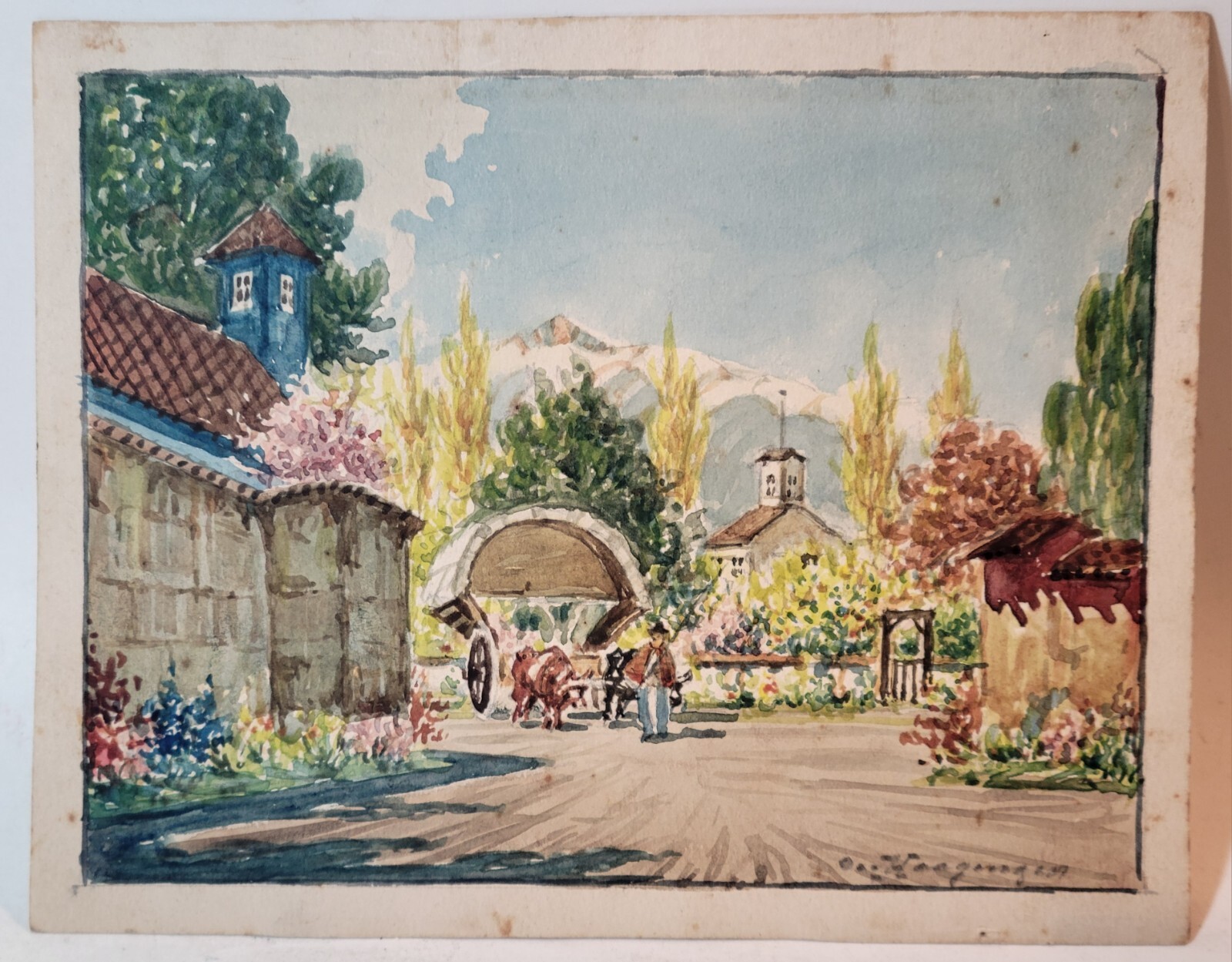 1937 Swiss Watercolor Signed Alps Village Man w/ Covered Cart Oxen Flowers