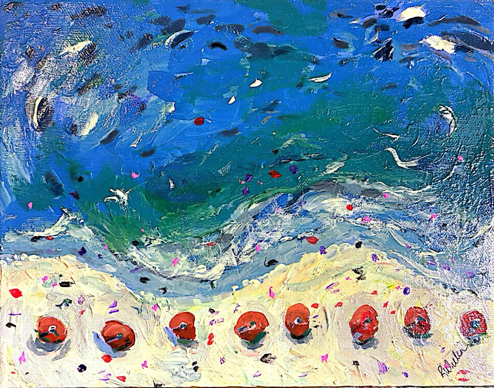 Umbrellas On Beach Landscape 8×10 Abstract Impression Original Fine Art Canvas