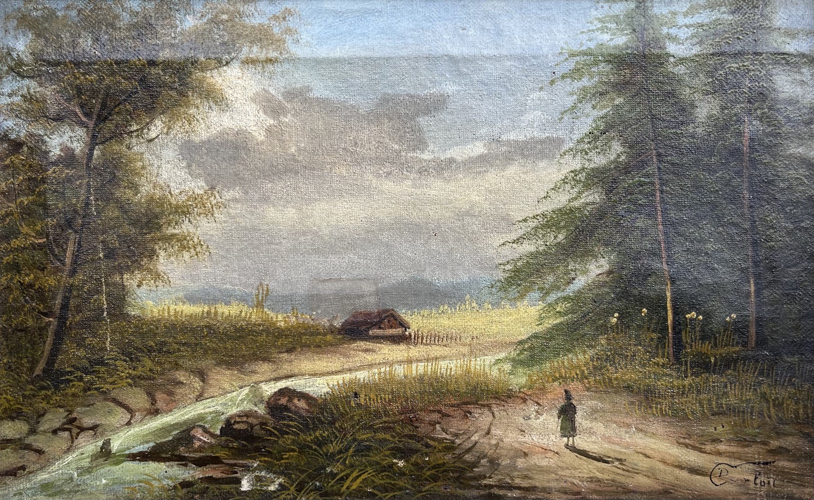 Impressionist Forest Landscape With Cottage And Person Oil Painting 19th Century