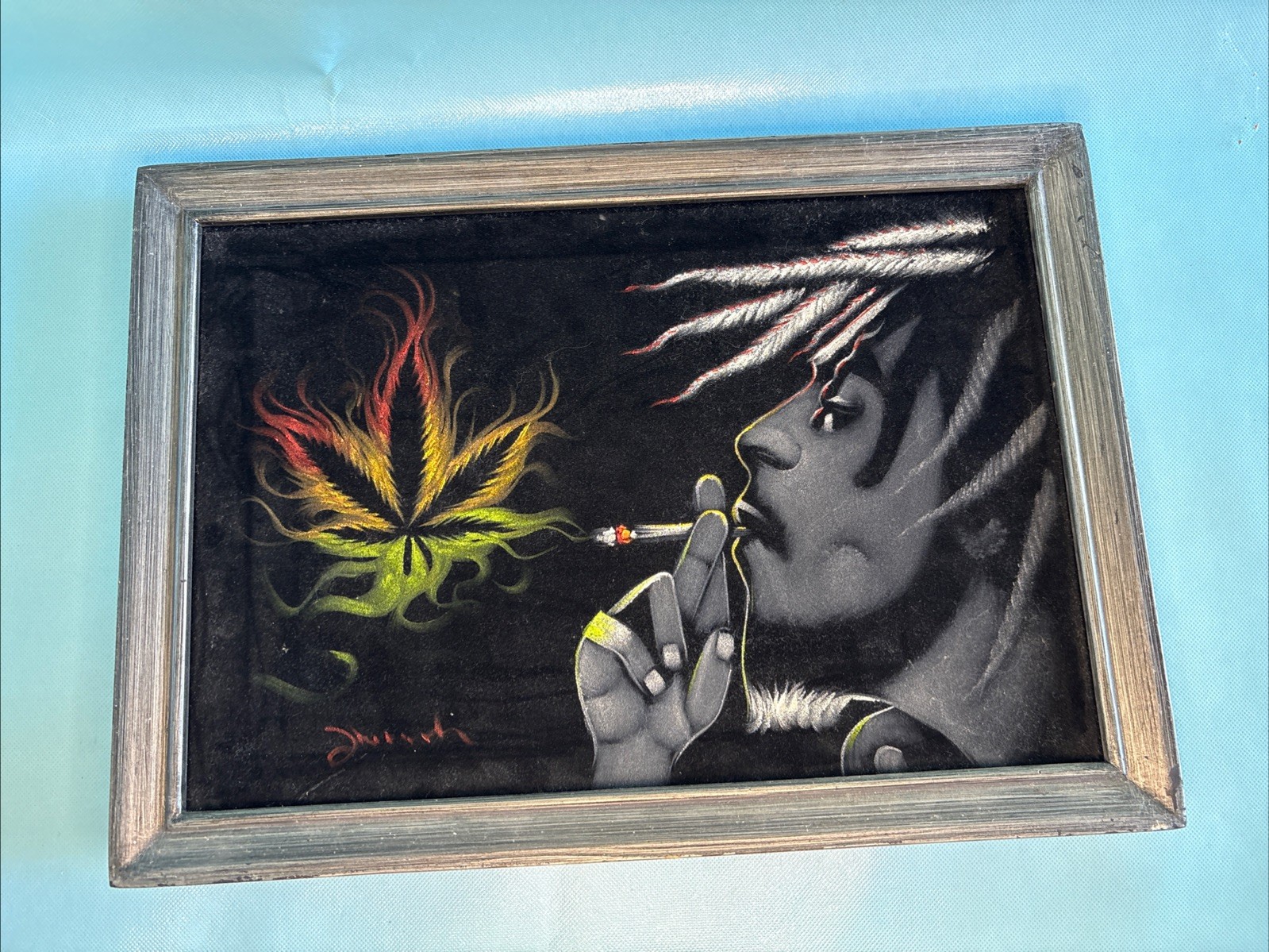 Bob Marley Portrait Velvet Painting Marijuana Leaf FRAMED 13×18″